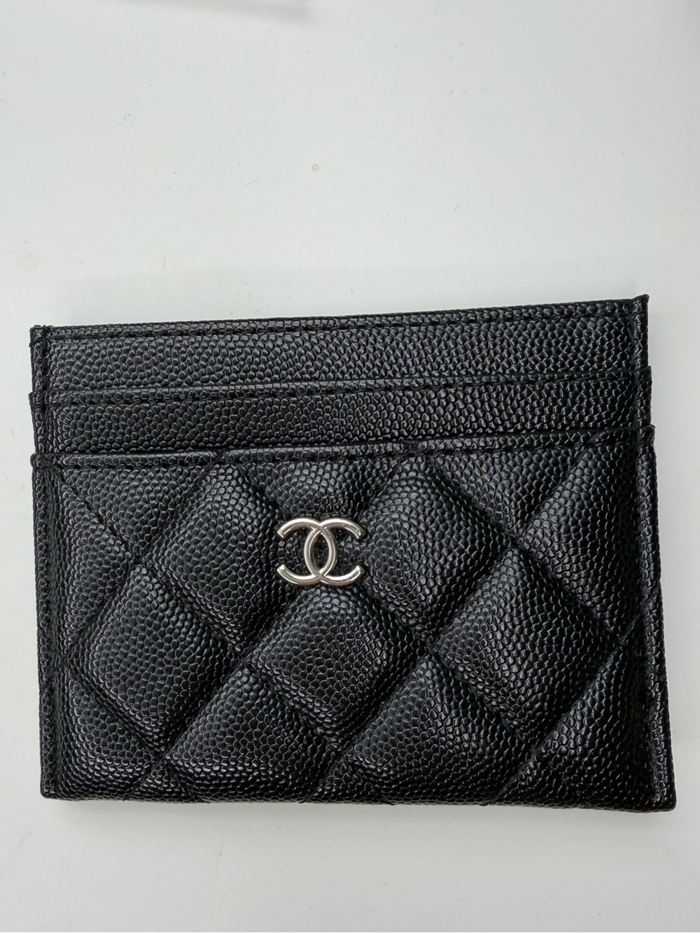 CHANEL Black Quilted Caviar Leather Card Holder with Silver CC